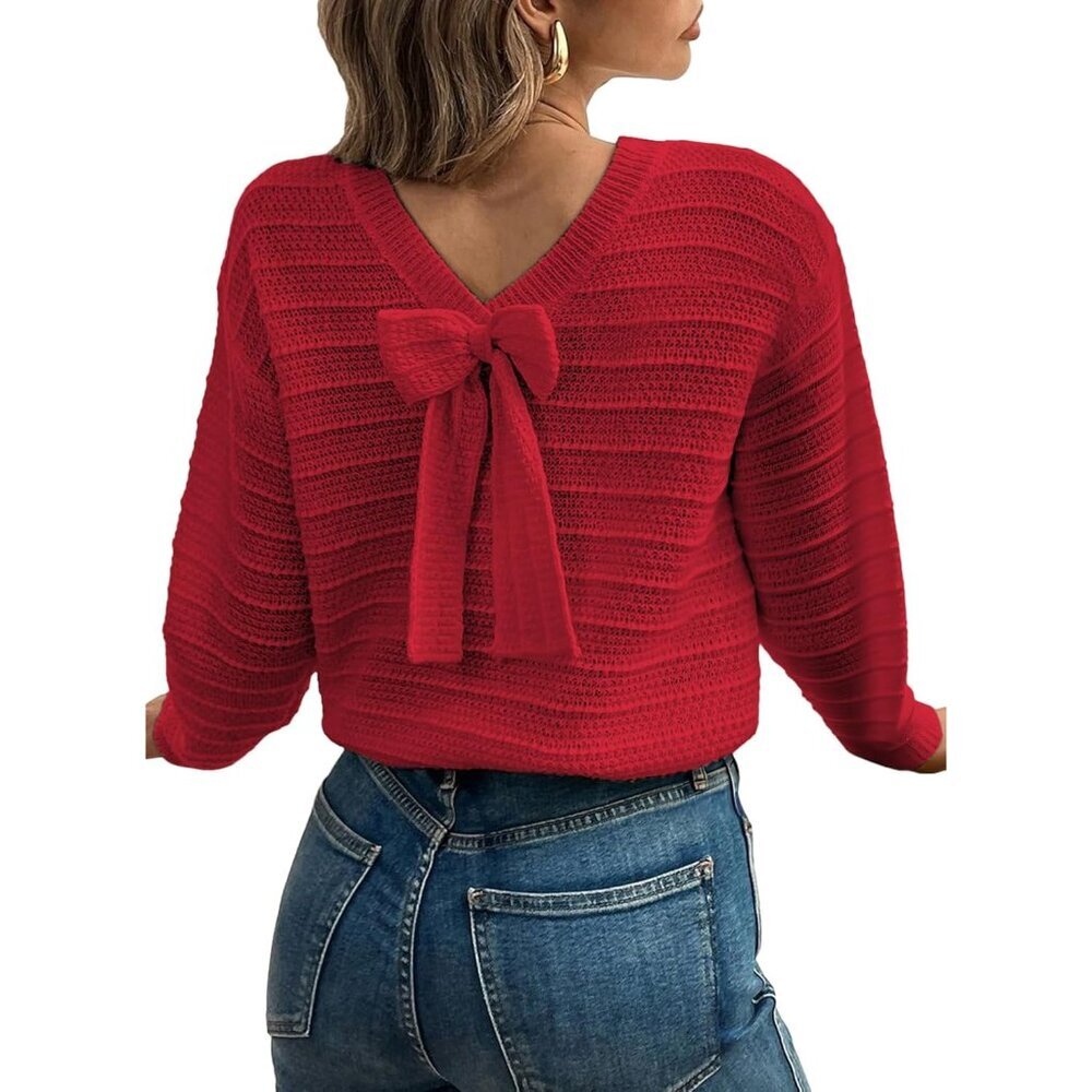 Women's Knitted Sweater Long Sleeve Fall Outfit Chic Back Bow Top